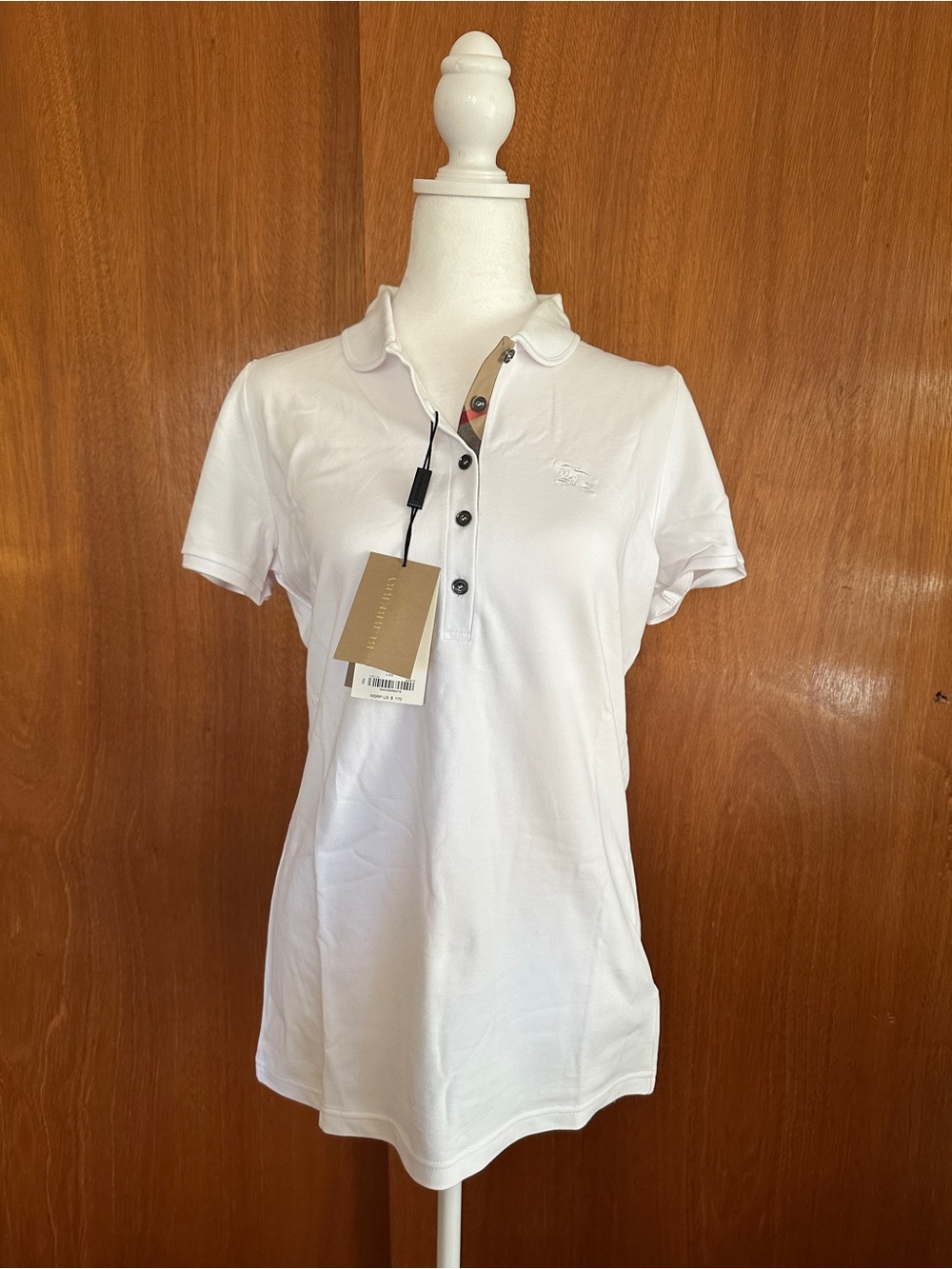 NWT! Burberry Women’s White Polo Shirt Nova Check Puff Sleeve Logo Preppy Size L